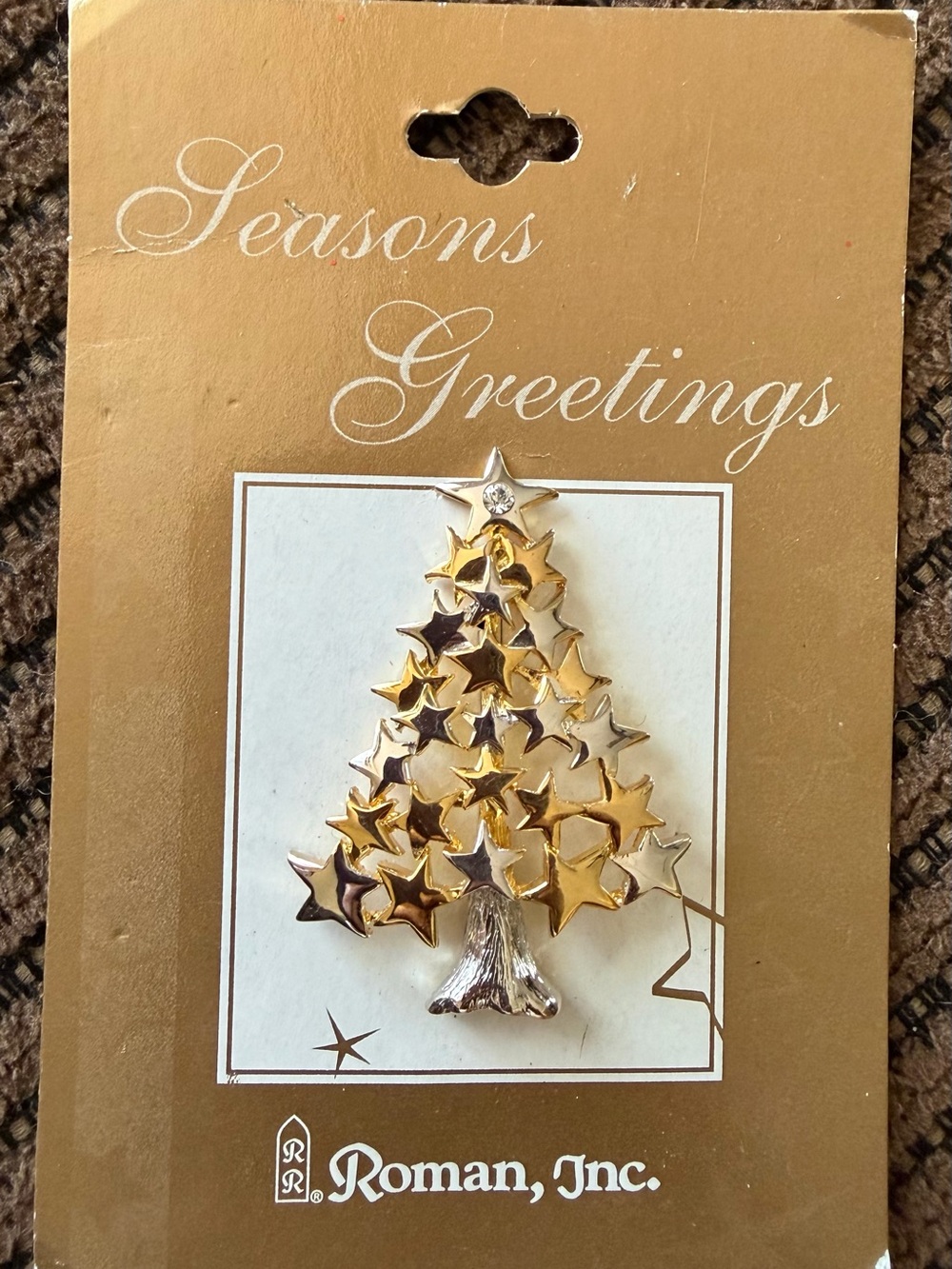 Vintage 1990s Roman Inc. Christmas Tree Star Brooch, Original Packaging